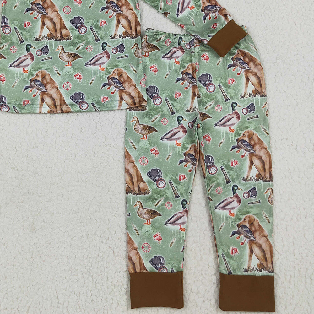 RTS NO MOQ （In stock） BLP1070Baby Boys Winter Outfits Baby Boys Green Long Sleeves Dogs Ducks Hunting Top Pant Pajamas Sets