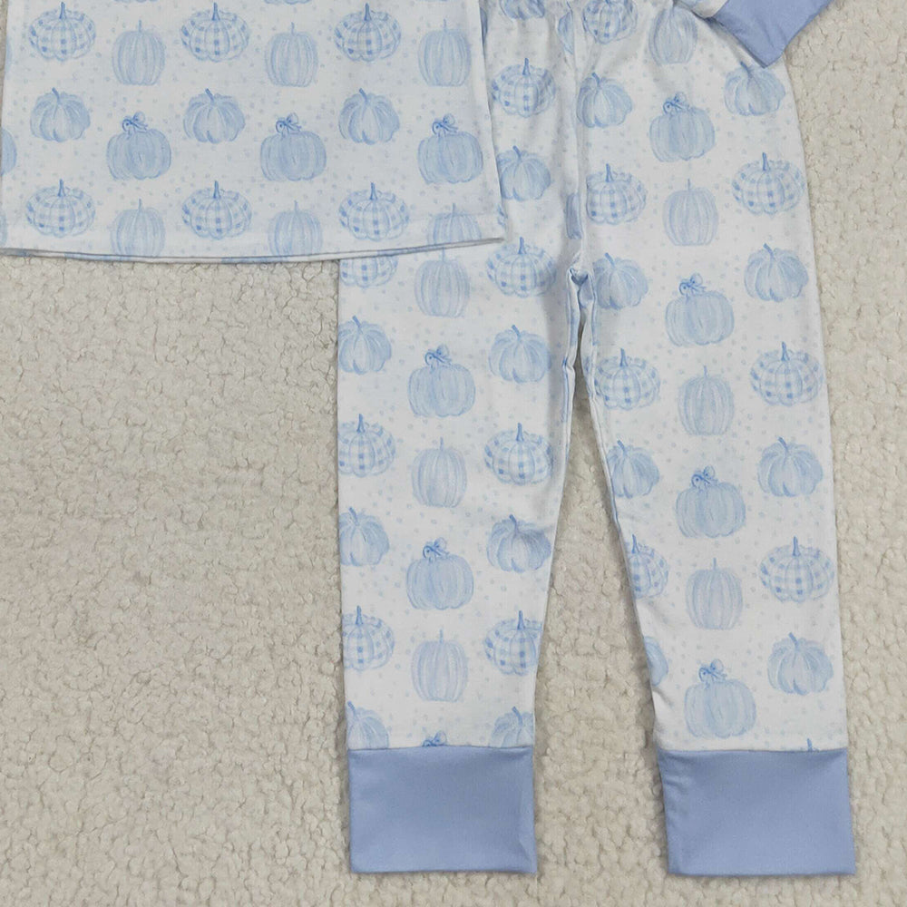 RTS NO MOQ （In stock） BLP0469Baby Boys Winter Outfits Blue pumpkin long sleeves kids boys fall pajamas