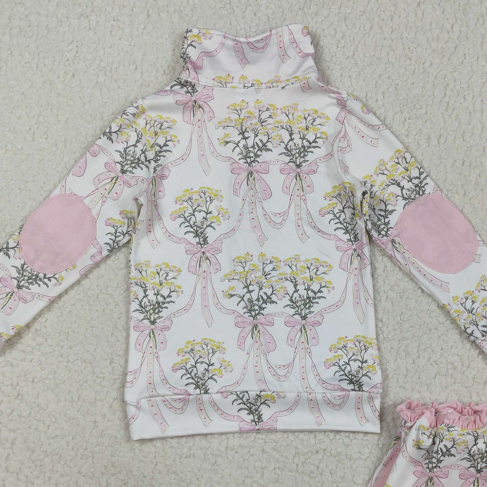 RTS NO MOQ （In stock）GLD1078 Baby Girls Outfits Baby Girls Pink Bows Flowers Plaid Half Zip Pullpvers Skorts Set