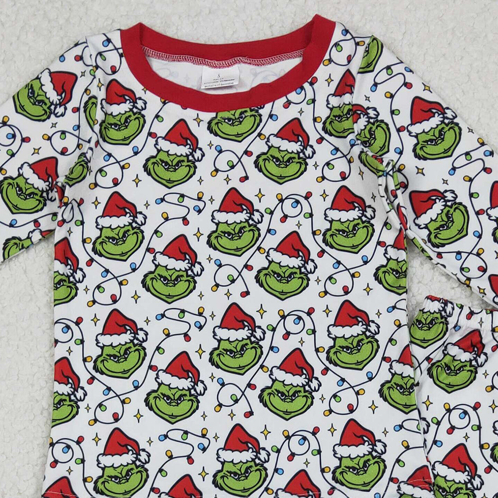RTS NO MOQ （In stock）BLP1225  Baby Boys Winter Outfits Christmas Lights Green Faces Top Pant Pajamas Set