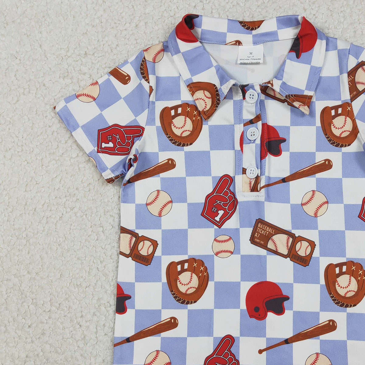 12.18 RTS NO MOQ （In stock）BT1577 Baby Boys Blue Checked Baseballs Team Button Polo Shirts Top