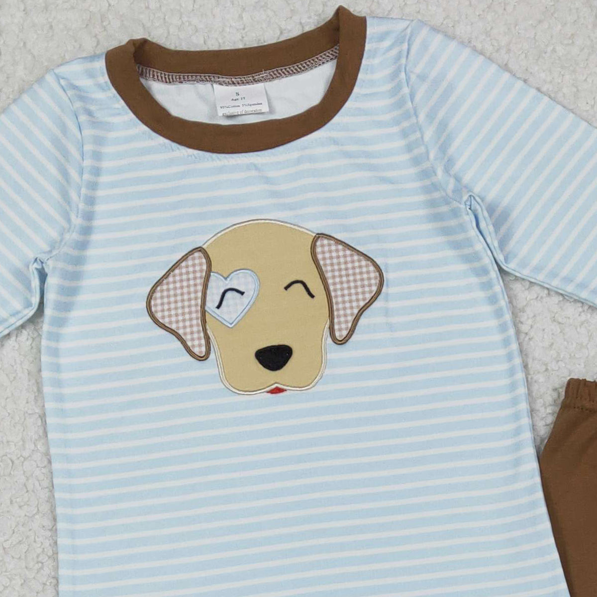 12.16 RTS NO MOQ （In stock）BLP1283 Embroidery Dogs Baby Boys Blue Stripe Top Legging Pants Clothes Sets