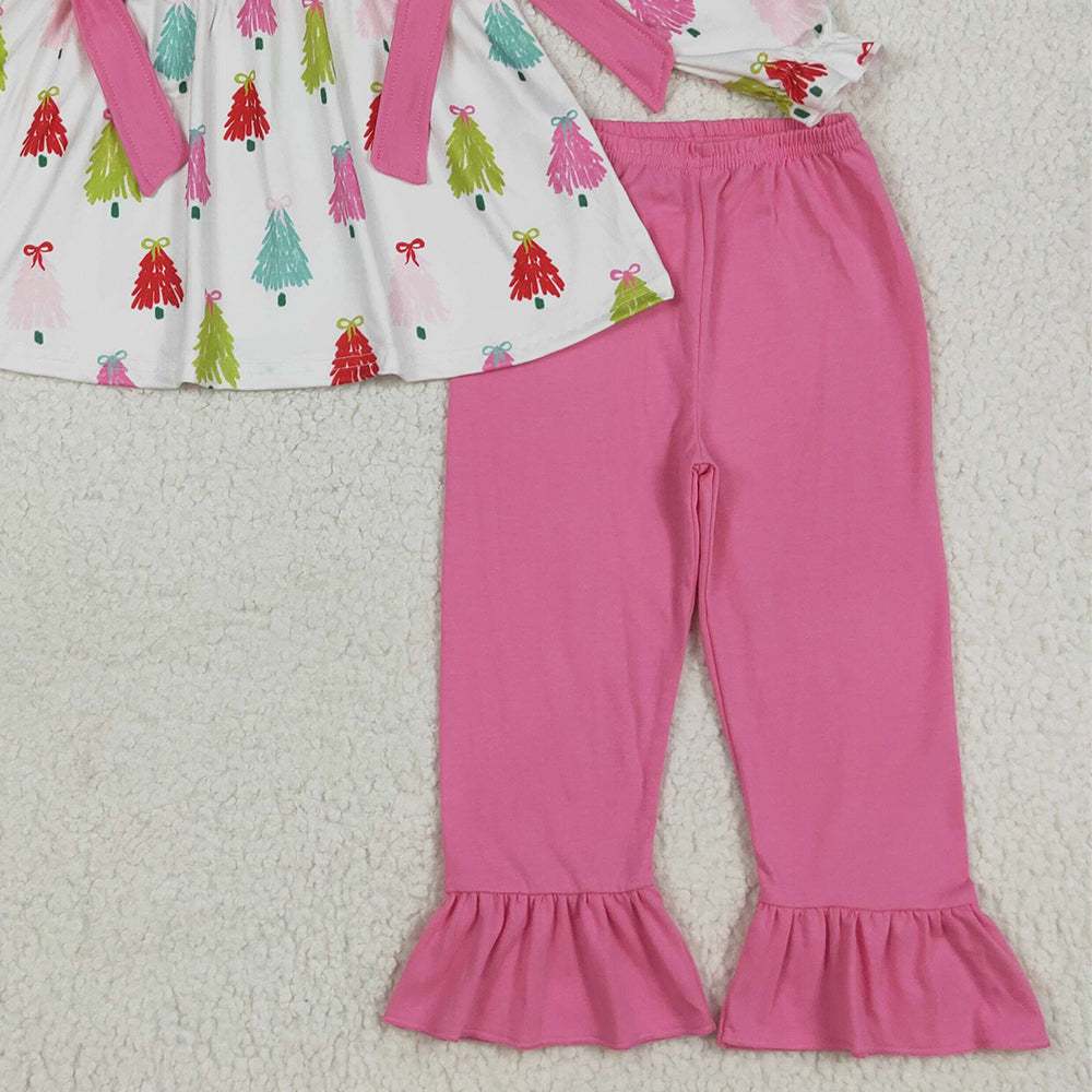 GLP2422RTS NO MOQ Baby Girls Winter Outfits Baby Girls Long Sleeves Bows Trees Tunic Ruffle Pant Set