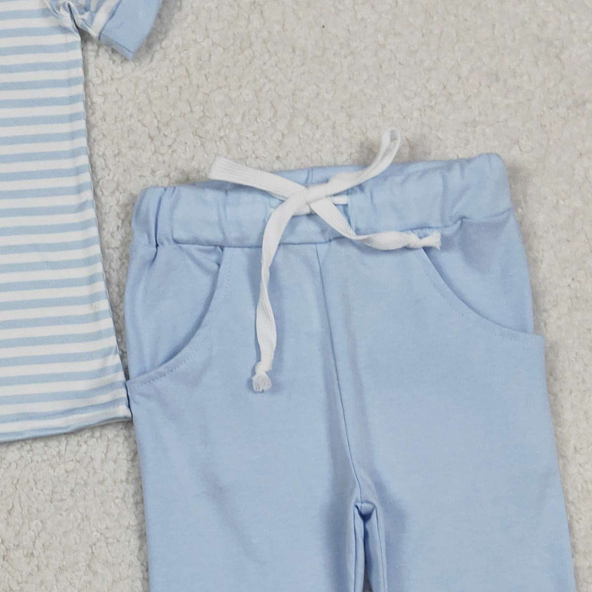 12.17 RTS NO MOQ （In stock）BSPO0616 Embroidery Crayfishes Baby Boys Blue Stripe Top Pockets Leggings Clothes Sets