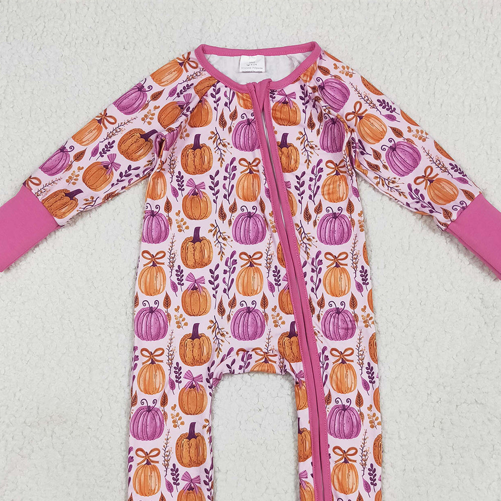 8.15 USA Shop (in stock)LR2270  Baby  Winter Rompers Baby Girls Long Sleeves Hot Pink Floral Pumpkins Zipper Rompers