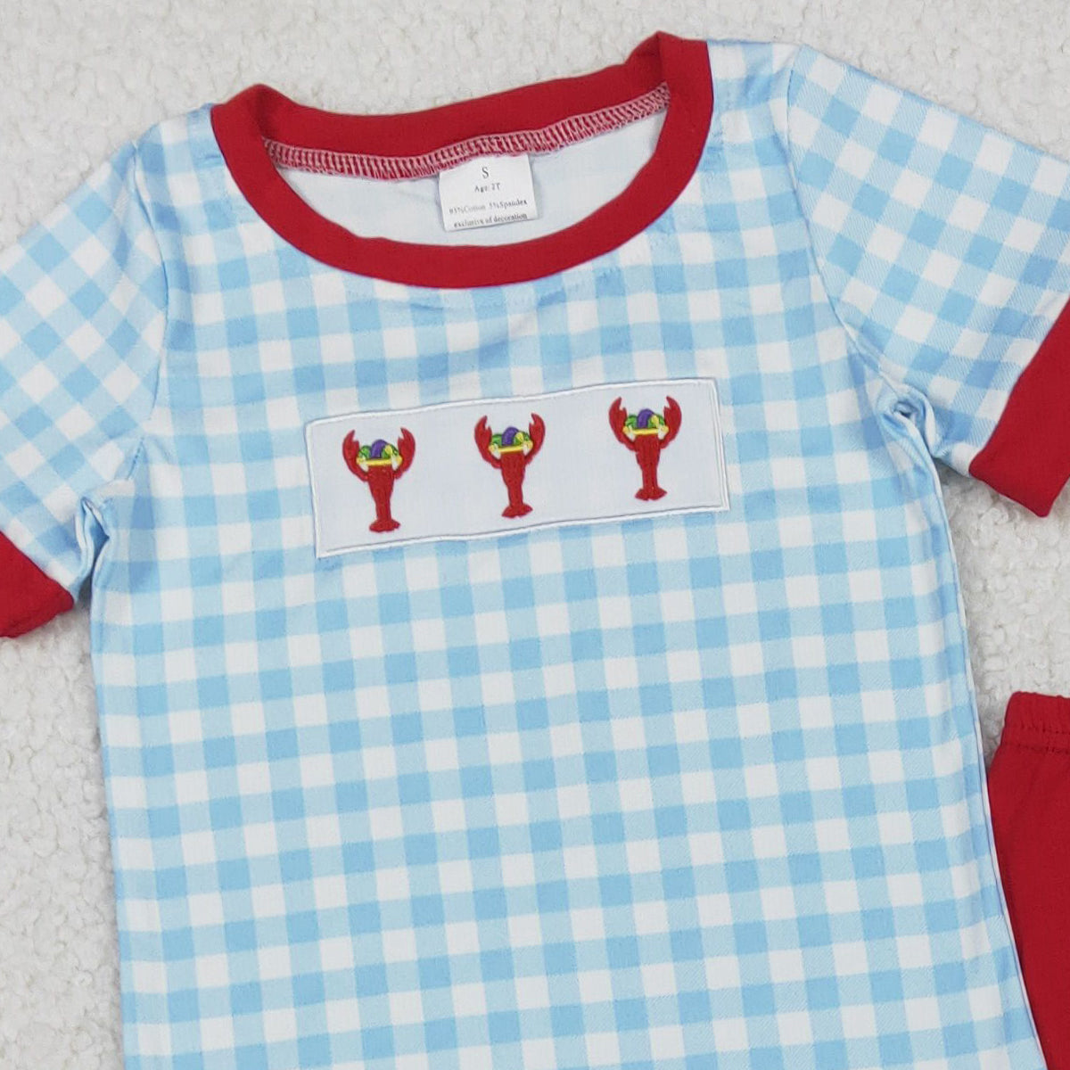 11.6 RTS NO MOQ （In stock）BSPO0602 Embroidery Anchors Crayfishes Baby Boys Checked Leggings Mardigras Clothes Sets