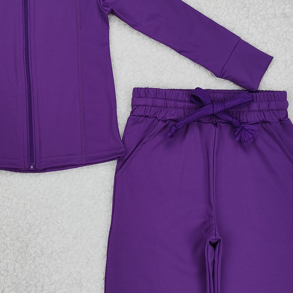 GT0807+P0670 New Rts No Moq 8-9 Days By Air Arrived it Girls Purple Hooded Zipper Long Sleeve Yoga Top with Matching Pants Set Comfortable Sportswear for Kids