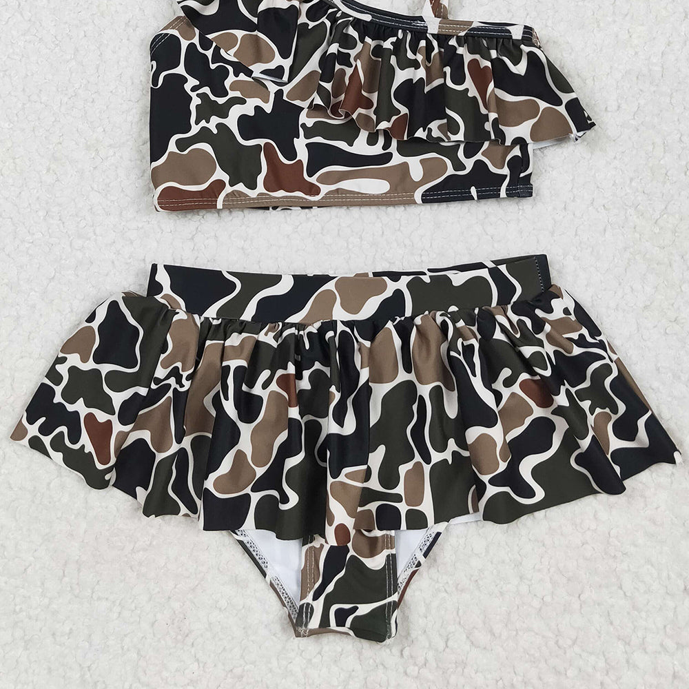 S0481 RTS NO MOQ Baby Girls Summer Swimsuits  Baby Girls 2pcs Duck Browm Camo Ruffle Summer Swimsuits