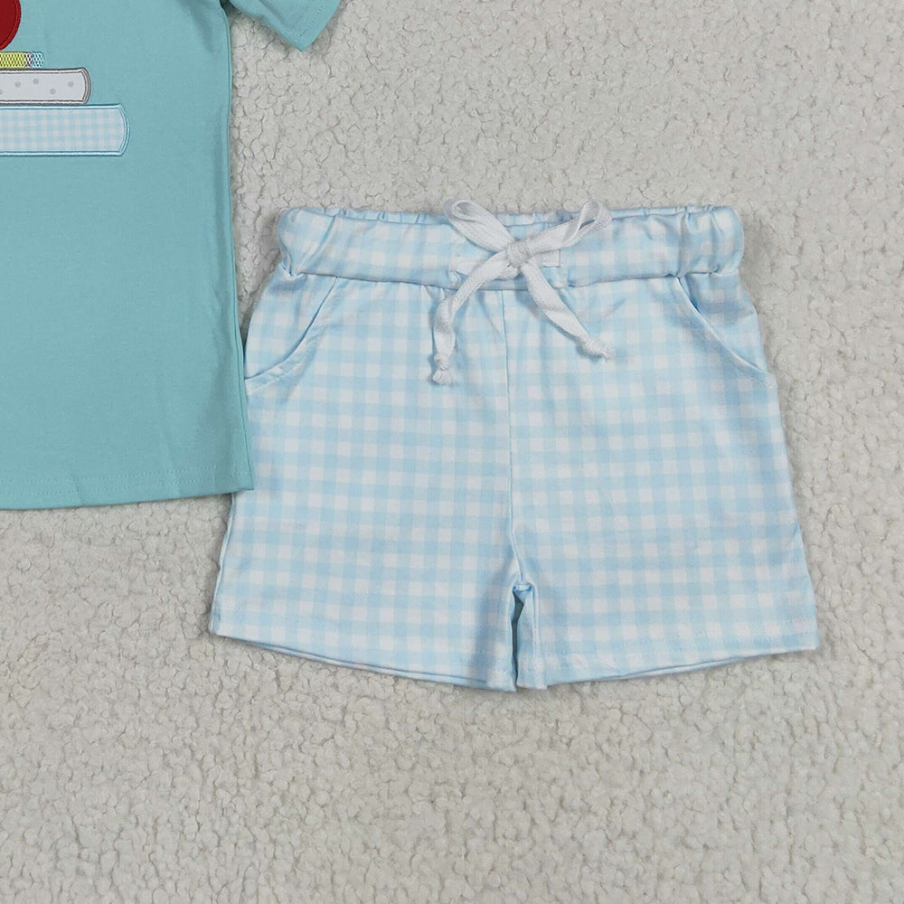 7.01 BSSO1329 RTS NO MOQ Baby Boys Summer Boys Outfits Baby Boys Embroidery Apple Pencil Top Pockets Shorts Back To School Clothes Sets