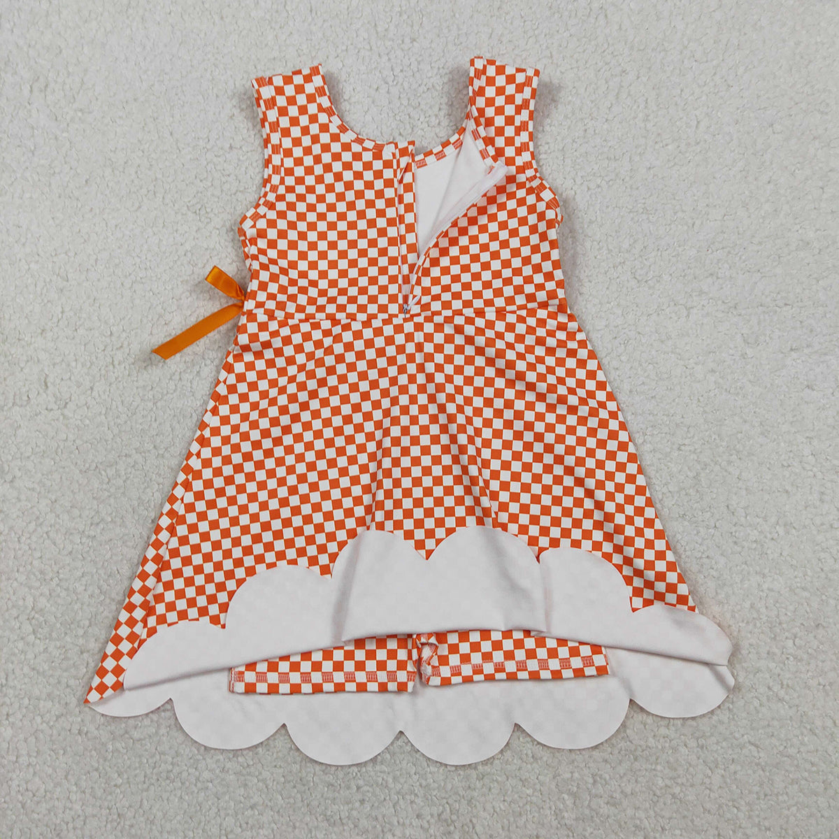 3.30 RTS NO MOQ （In stock）GSD3428 Sleeveless orange plaid scallop kids girls athletic dress
