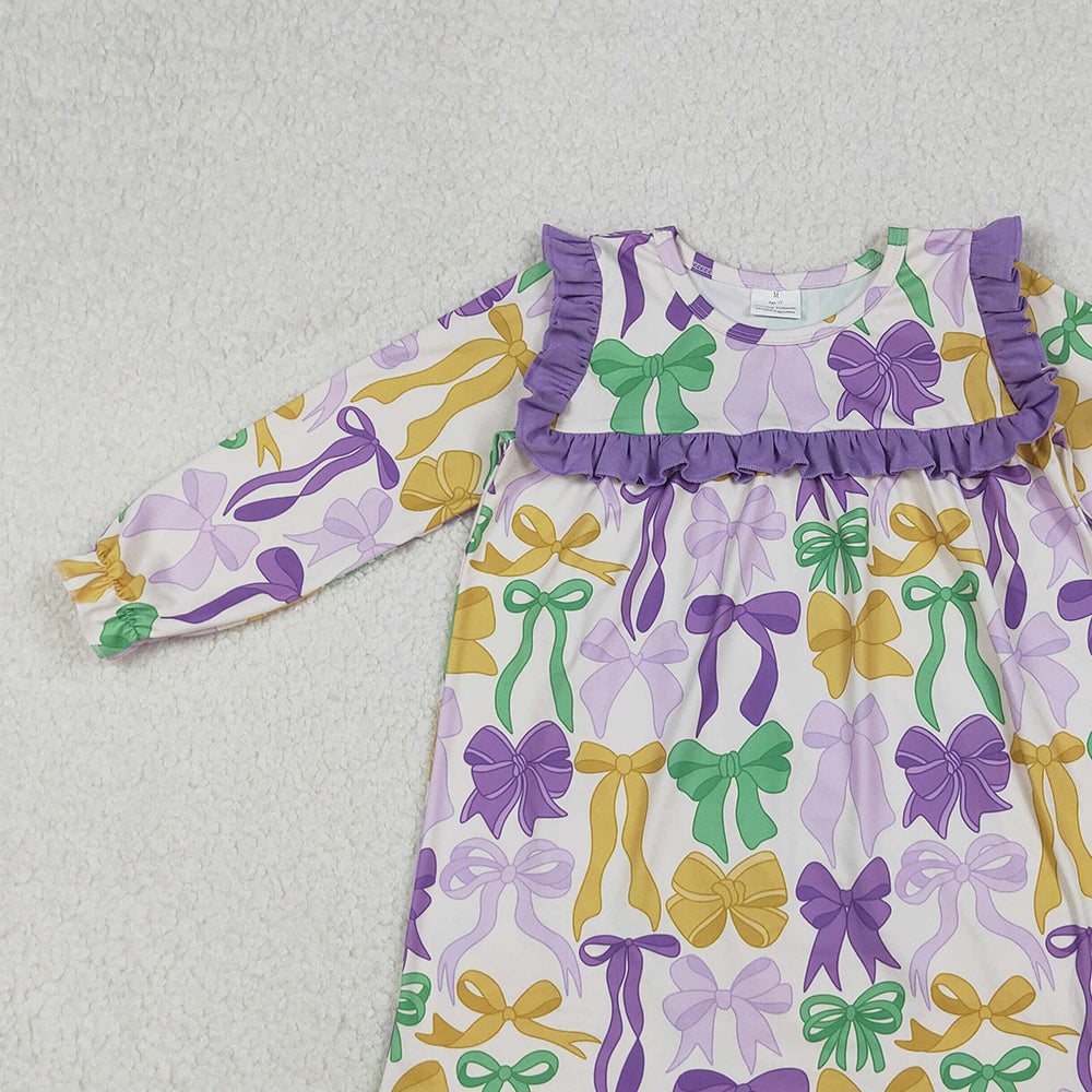 9.30 RTS NO MOQ （In stock）GLD1295 Baby Girls Winter Dress Baby Girls Mardigras Bows Ruffle Sleeve Knee Length Dresses
