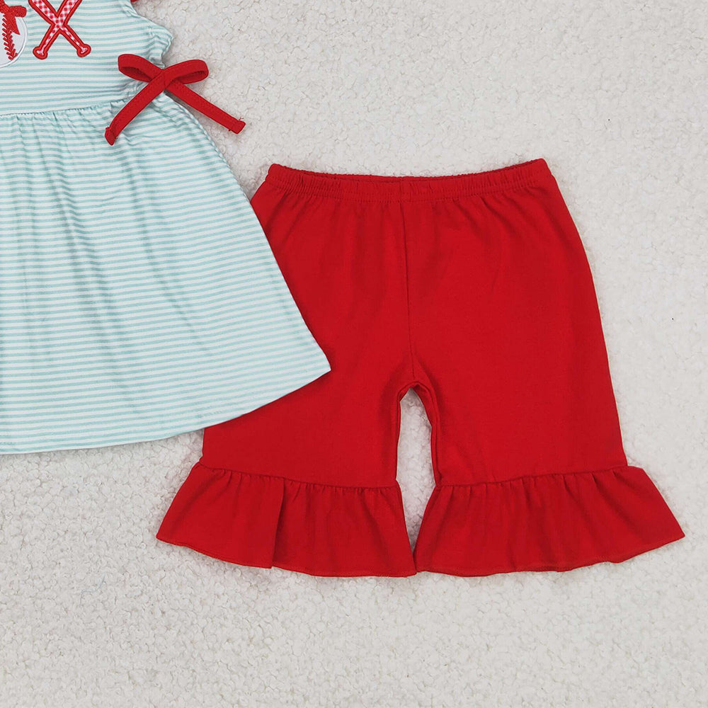 5.20 GSSO2317 RTS NO MOQ Baby Girls Summer Outfits  Embroidery Baby Girls Baseball Flutter Sleeve Tunic Ruffle Shorts Clothes Sets