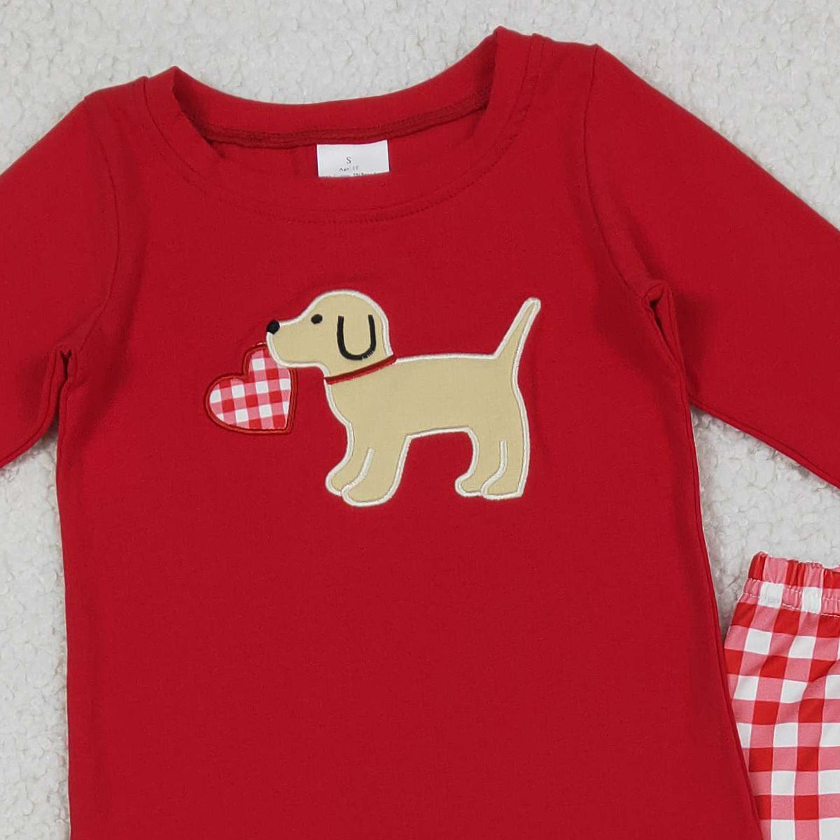 1.9 RTS NO MOQ （In stock）BLP1397 Embroidery Heart Dogs Baby Boys Checked Pants Valentines Clothes Sets