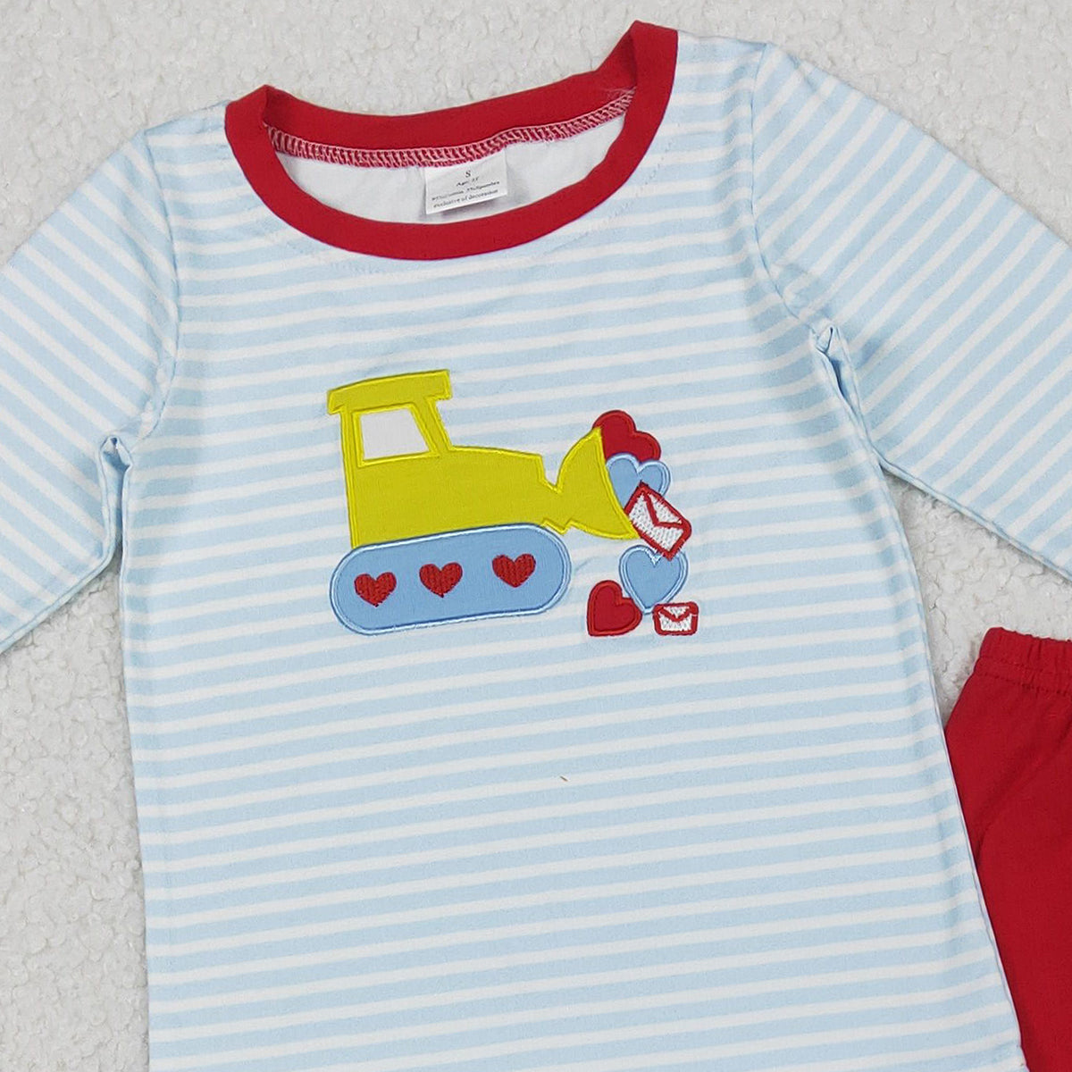 11.3 RTS NO MOQ （In stock）BLP1302 Baby Boys Winter Outfits Embroidery Hearts Excavator Baby Boys Stripe Top Pants Valentine Clothes Sets