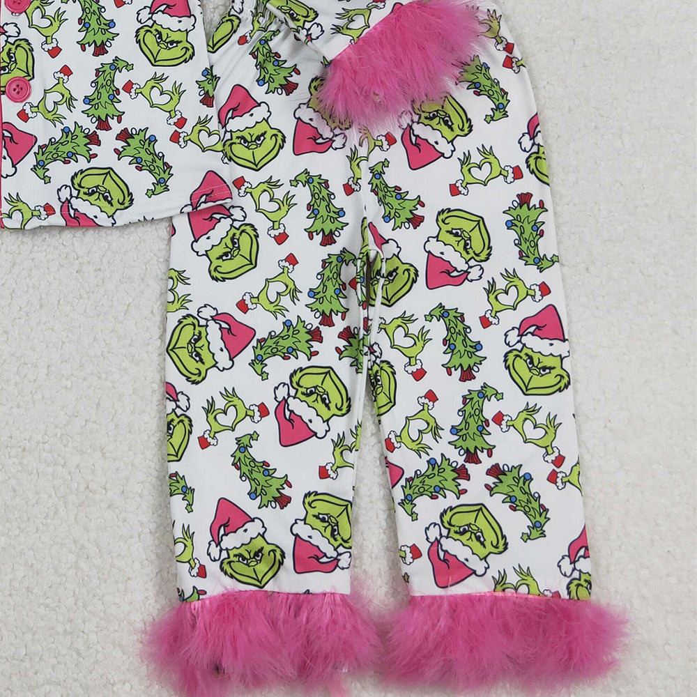 RTS NO MOQ （In stock）GLP2647 Baby Girls Winter Outfits Christmas Green Fur Pajamas Set with Face Buttons Long Sleeve Top And Pants