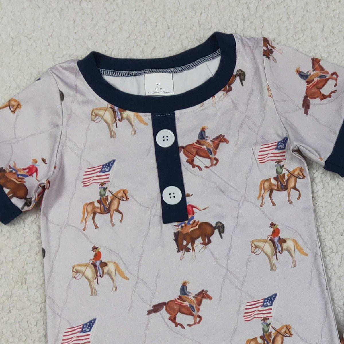 3.17 RTS NO MOQ （In stock）BSSO1497 Fashion Clothing For Baby Boys Colorful Horse Rodeos Flags Button Top Short 4th Of July Pajamas Set