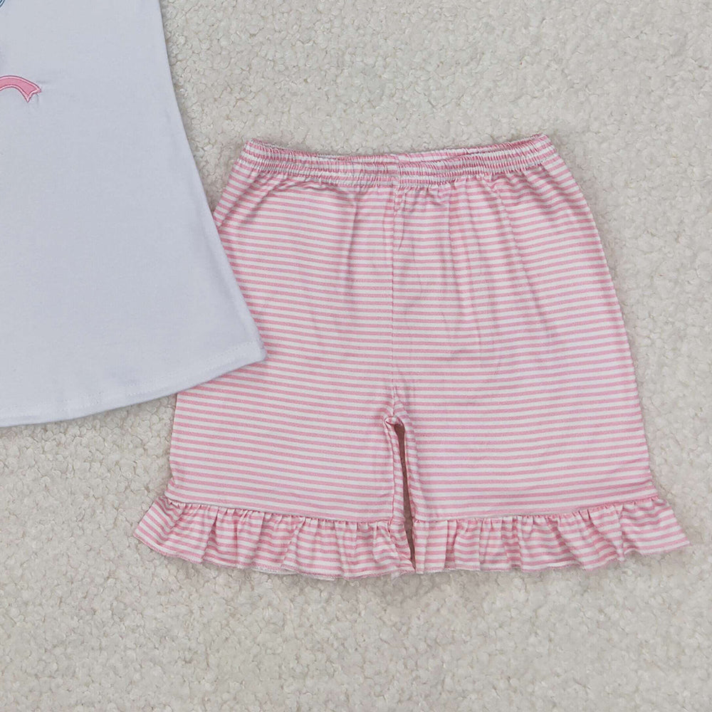 4.08 GSSO2275 RTS NO MOQ White short sleeves tulip top pink stripe shorts girls clothes
