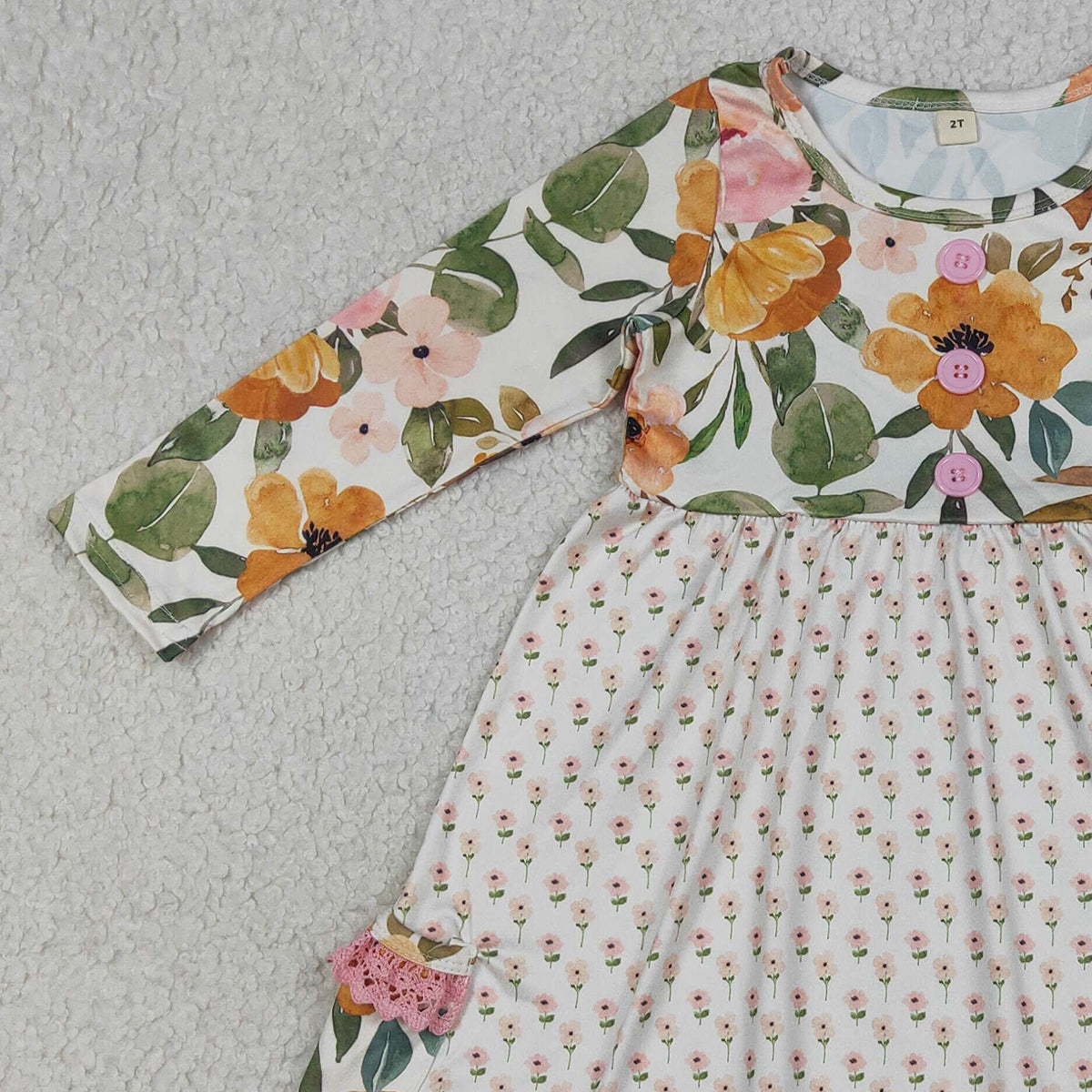4.11 GLD1588 RTS NO MOQ （In stock ）Long sleeves floral pockets ruffle girls dresses