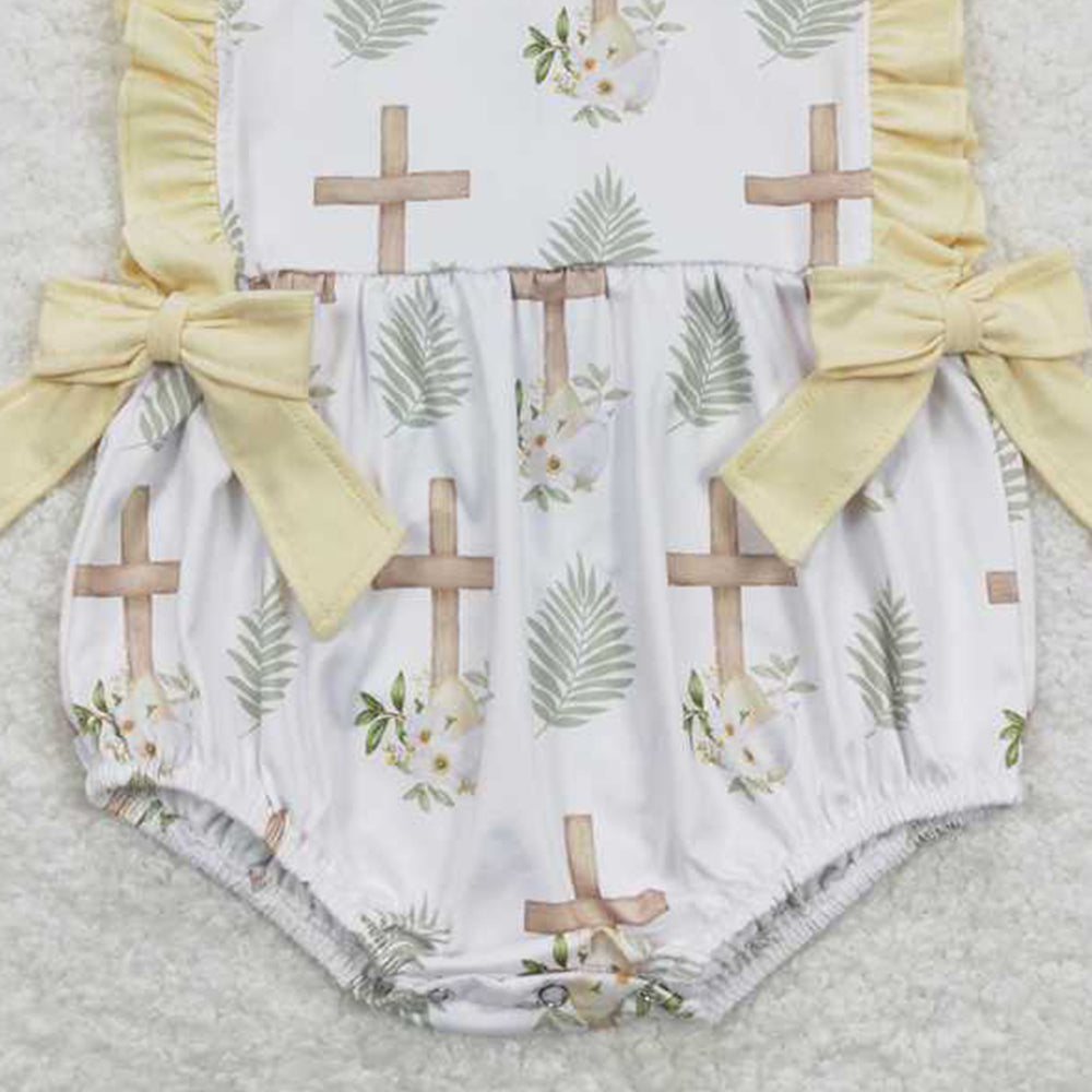 4.18 SR0619 RTS NO MOQ Sleeveless cross he is risen baby girls easter romper