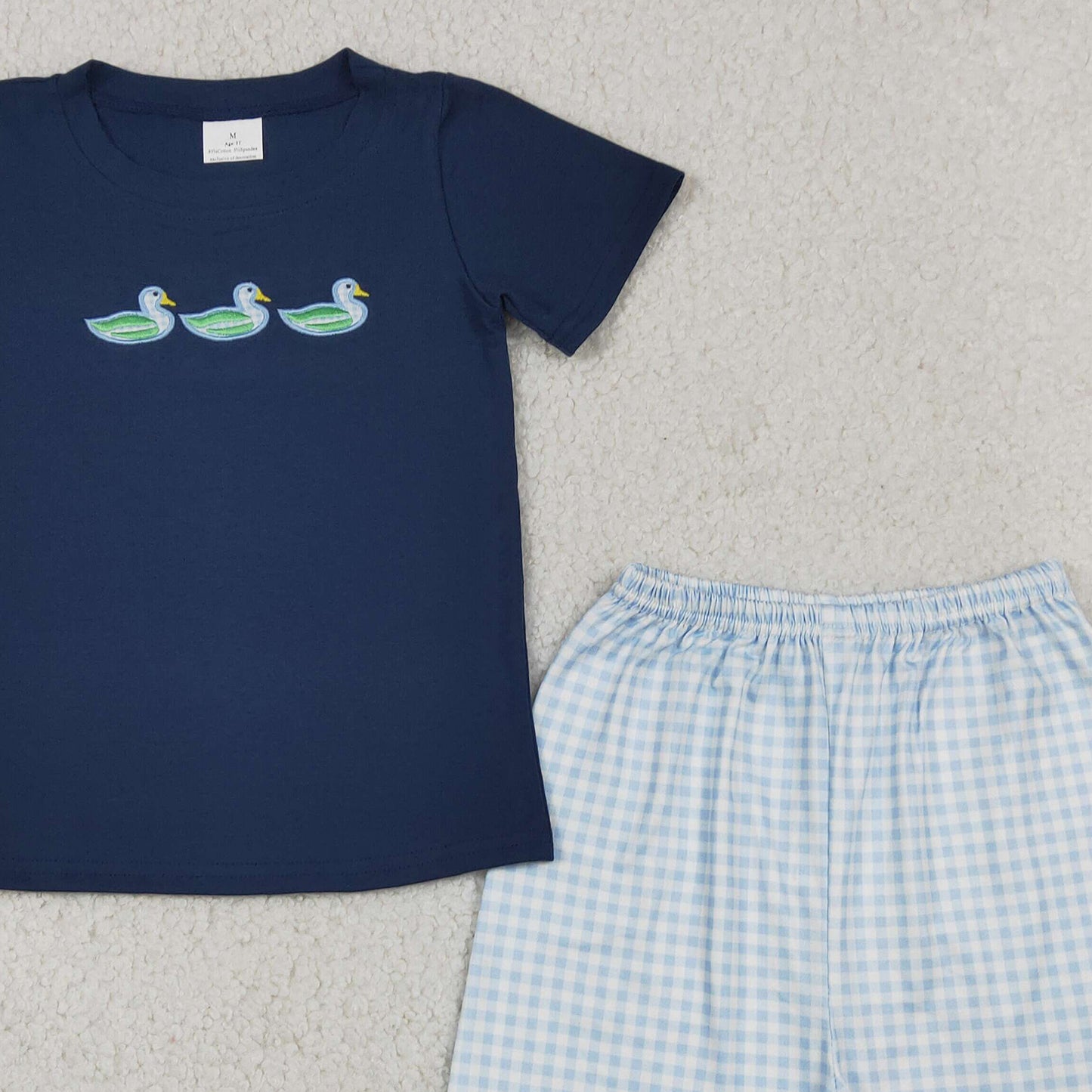 BSSO1938 RTS NO MOQ （In stock）Baby Boys Navy Ducks Top Checked Short Hunting Clothes Sets