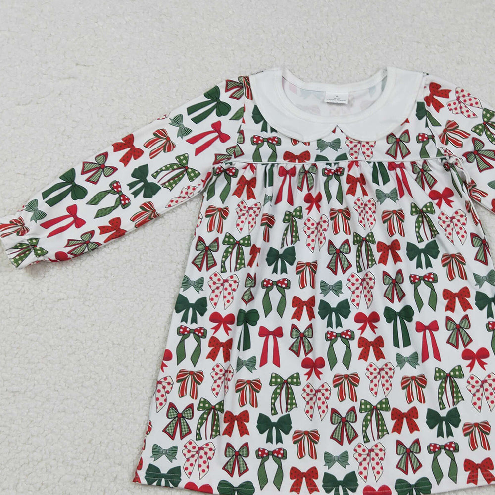 RTS NO MOQ （In stock）GLD1237 Baby Girls Winter Dress Baby Girls Green Red Bows Plaid Christmas Knee Length Dresses