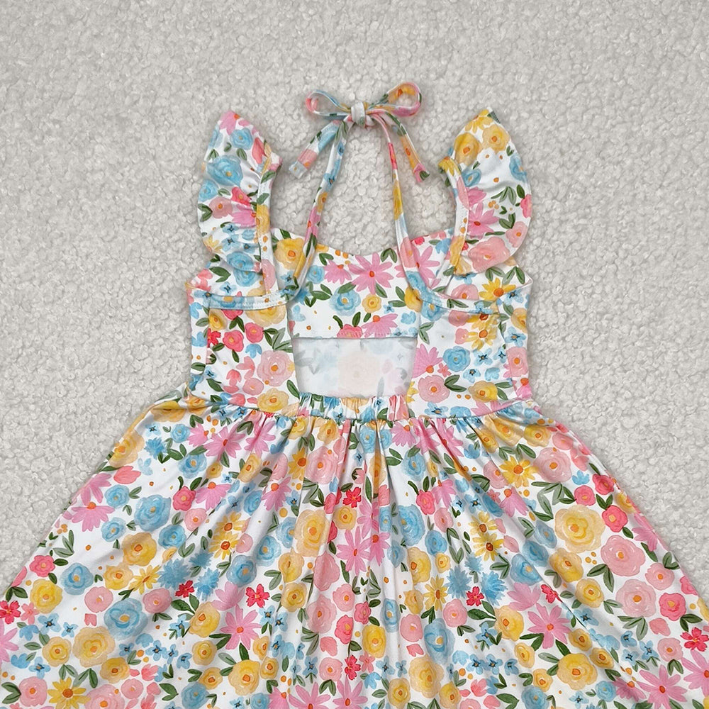 GSD2207 RTS NO MOQ Baby Girls Summer Dress  Kids Girls Yellow Floral Backless Dress with Flutter Sleeves Cute Casual Summer Dress for Girls