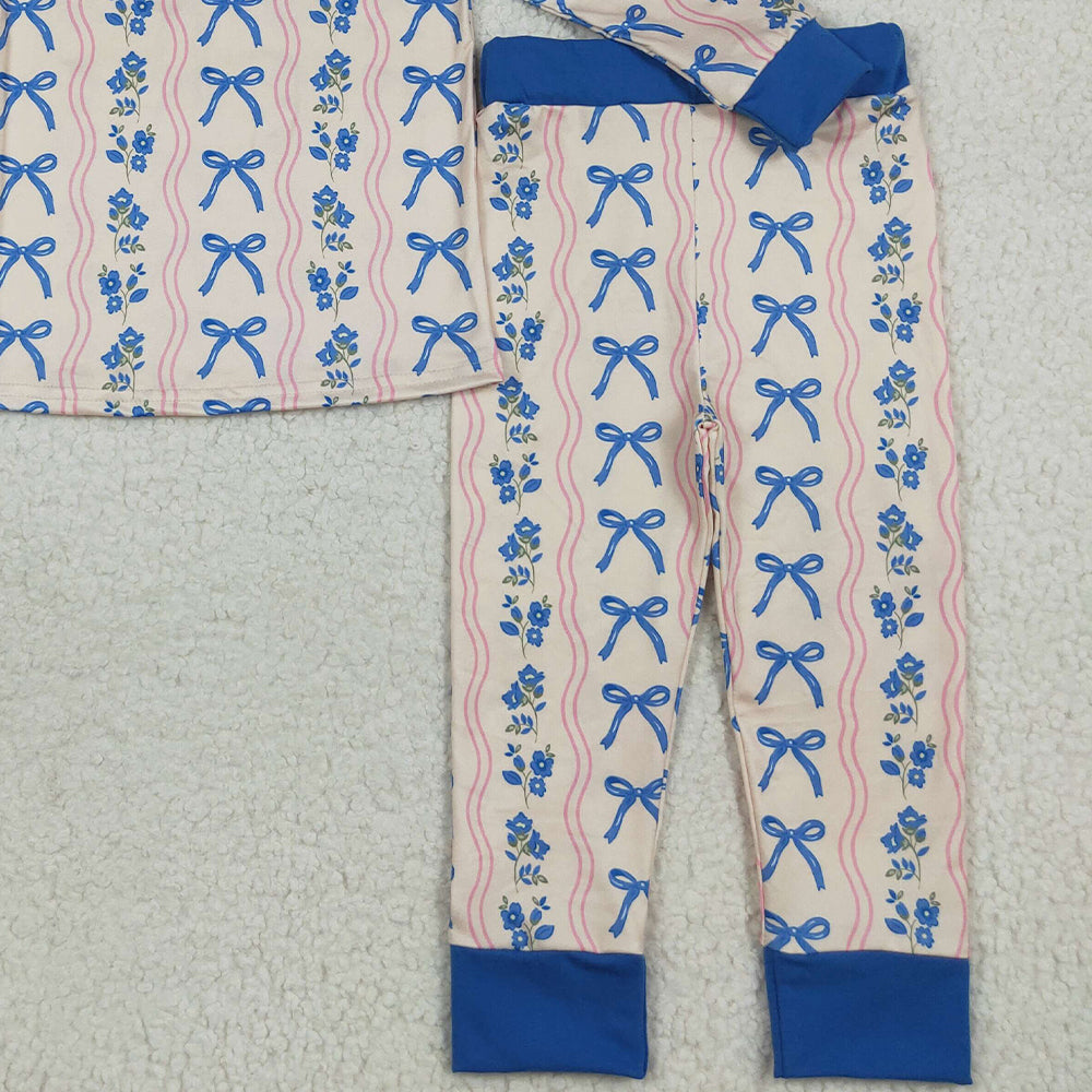RTS NO MOQ （In stock）GLP2505  Baby Girls Winter Outfits Baby Girls Long Sleeves Blue Bows Flower Stripe Top Pants Pajamas Sets