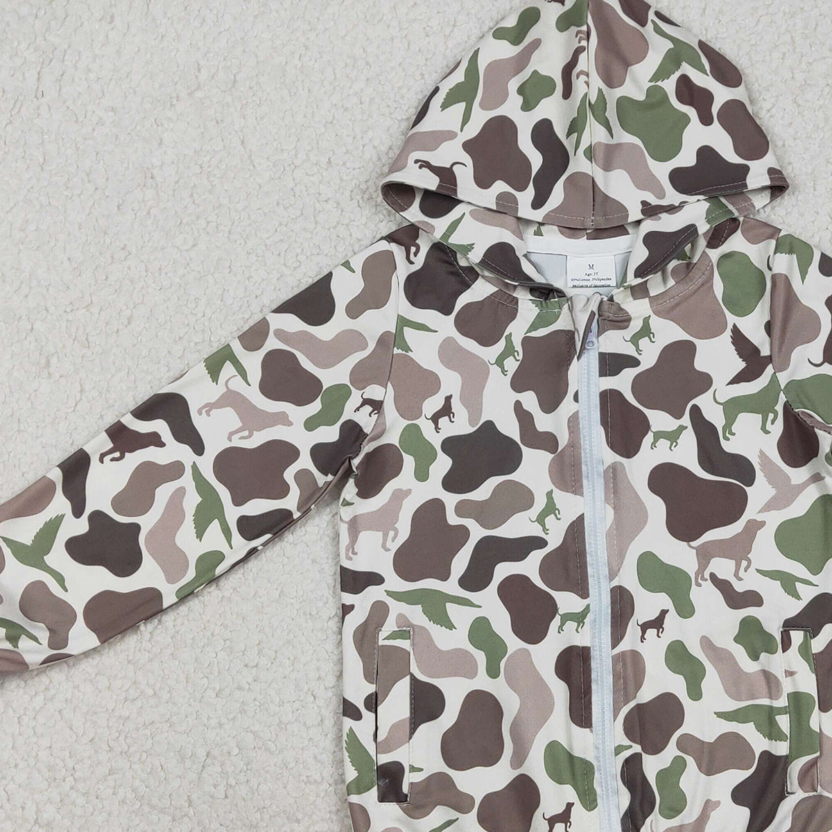 12.30 RTS NO MOQ （In stock）BT1343 Baby Boys Southern Hunting Ducks Dogs Camo Pocket Zipper Jackets Top