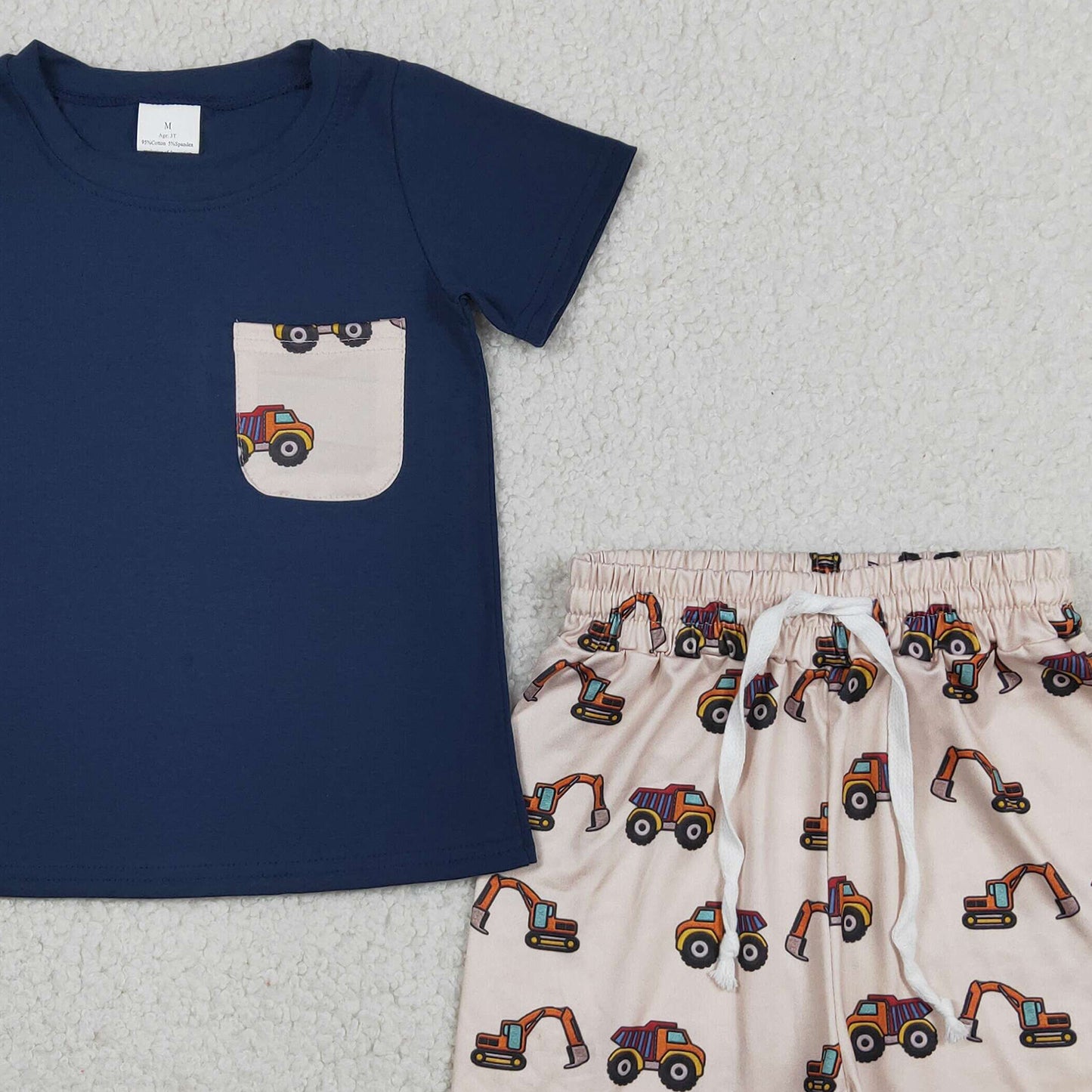 BSSO1364 RTS NO MOQ （In stock ）Baby Boys Navy Shirts Pocket Top Excavators Shorts Clothes