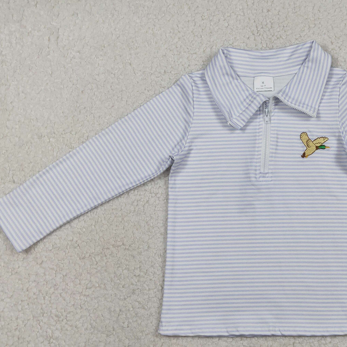 1.12 RTS NO MOQ （In stock）BT1638  Embroidery Ducks Baby Boys Grey Stripe Hunting Zip Pullovers Top