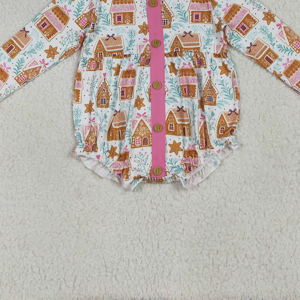 RTS NO MOQ （In stock）LR2282 Baby Girls Winter Rompers Baby Girls Christmas Pink Houses Snowflake Button Ruffle Rompers