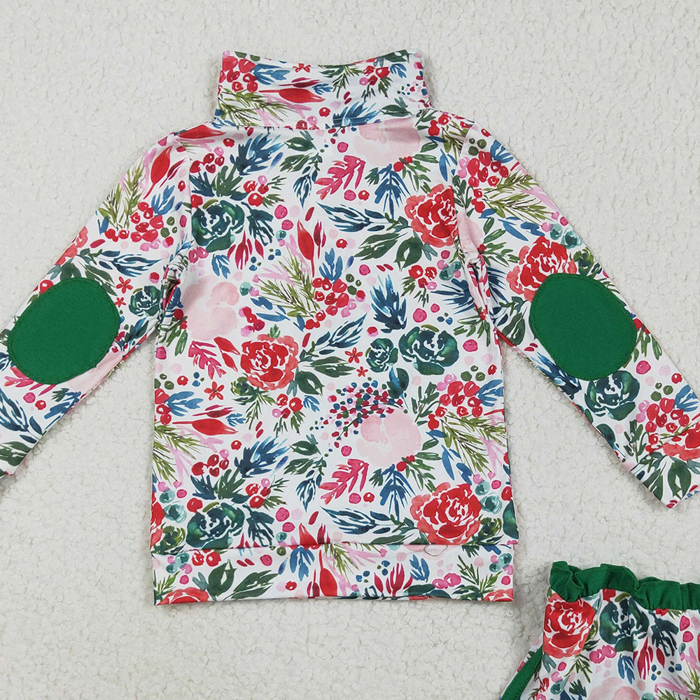 RTS NO MOQ （In stock）GLD1075 Baby Girls Outfits Baby Girls Long Sleeves Green Red Floral Zip Pullovers Top Skorts Clothes Set