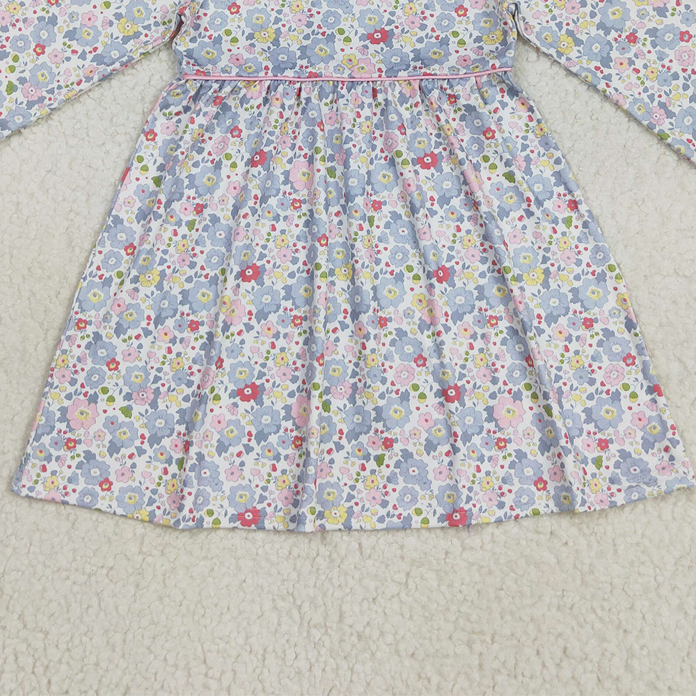 RTS NO MOQ （In stock）GLD1120 Baby Girls Winter Dress Baby Girls Fall Pink Blue Floral Flowers Knee Length Dresses