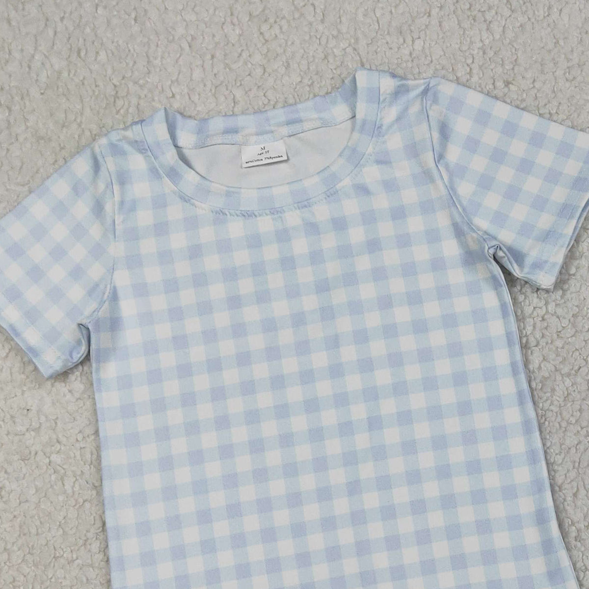3.26 RTS NO MOQ （In stock）BSSO1896 Fashion Clothing For Baby Boys Short Sleeve Light Blue Checked Top Pockets Shorts Clothes Sets
