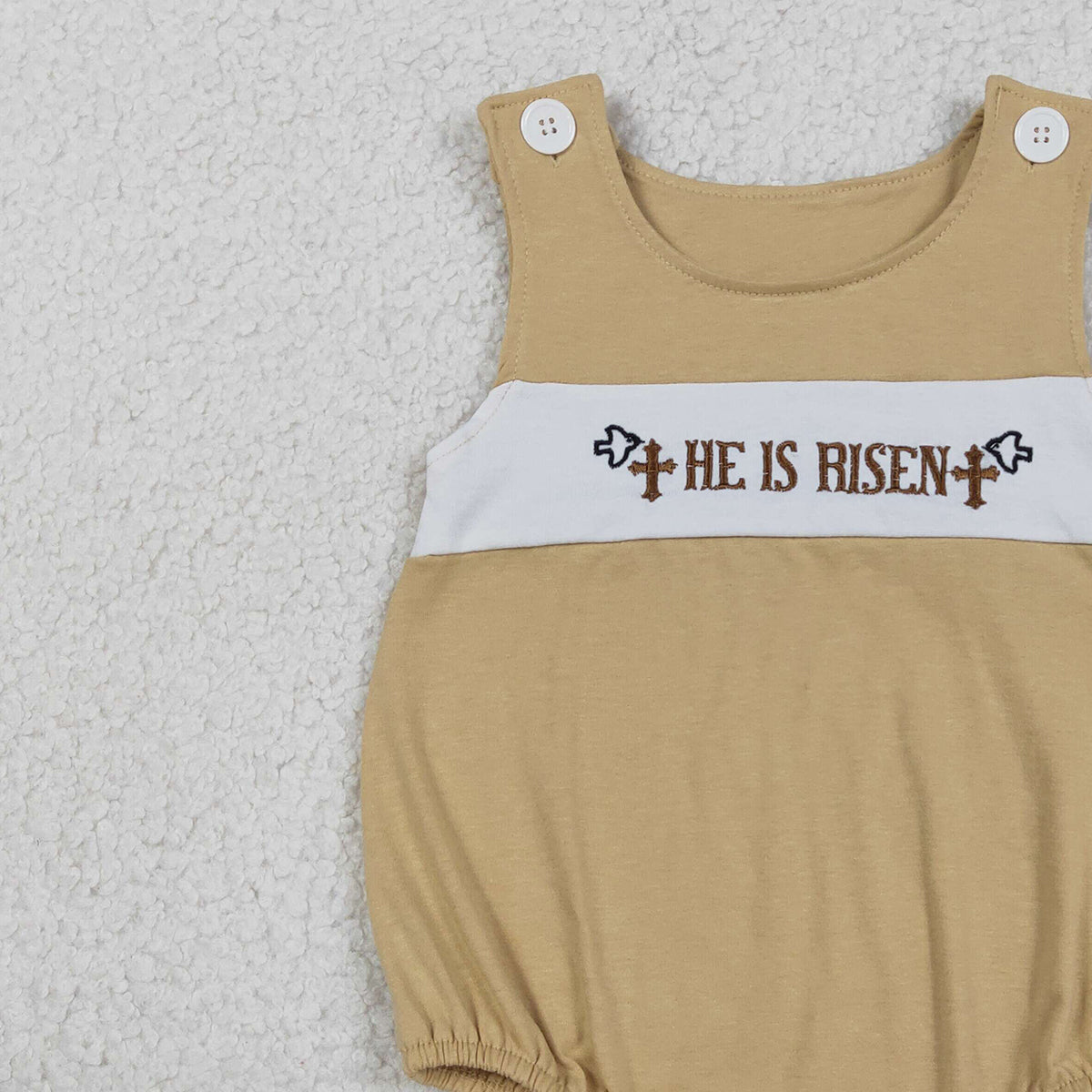 3.14 RTS NO MOQ （In stock）SR3547 Children's Fashion Romper Baby Boys Sleeveless Embroidery He is Risen Crosses Rompers