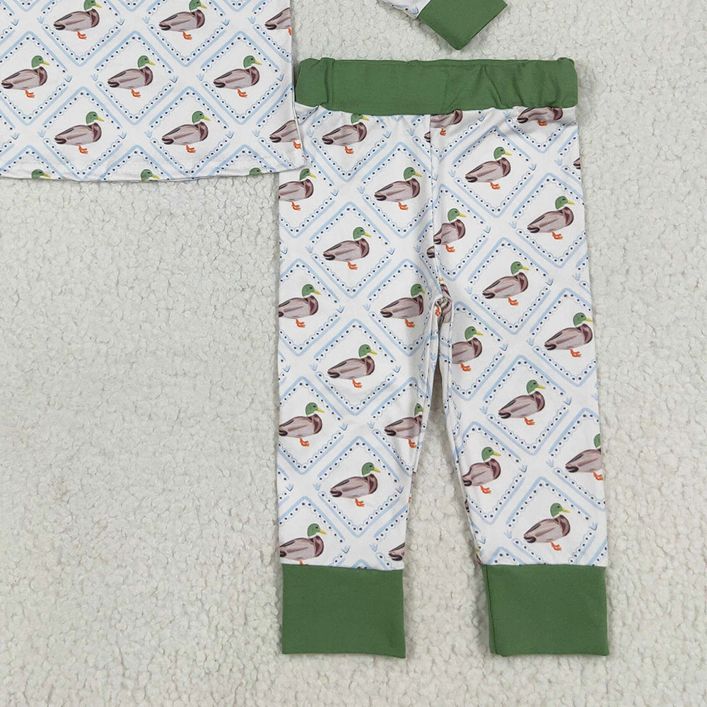BLP1086RTS NO MOQ Baby Boys Winter Outfits Baby Boys Long Sleeves Green Ducks Plaid Top Pant Pajamas Set