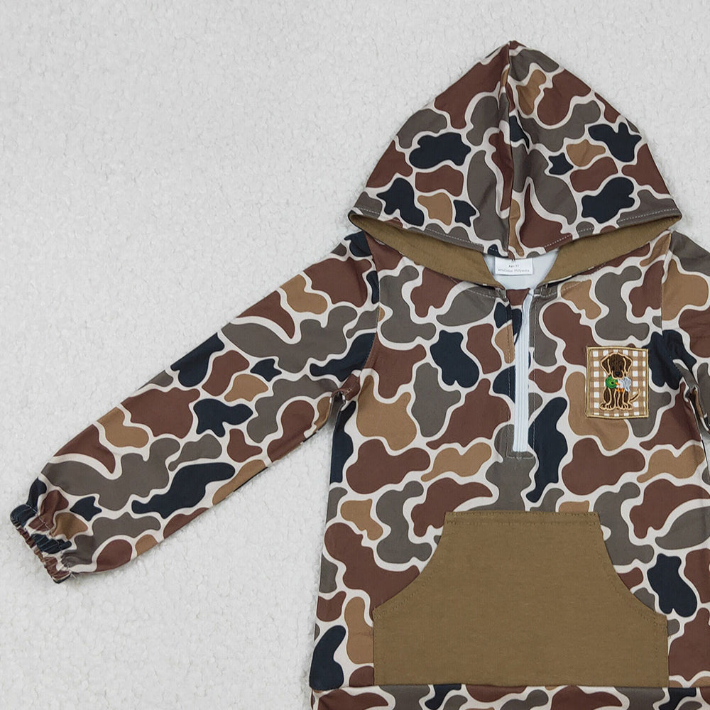 10.10 RTS NO MOQ （In stock）BT1300 Embroidery Dog Duck Baby Boys Brown Camo Pocket Zip Hunting Hoodies