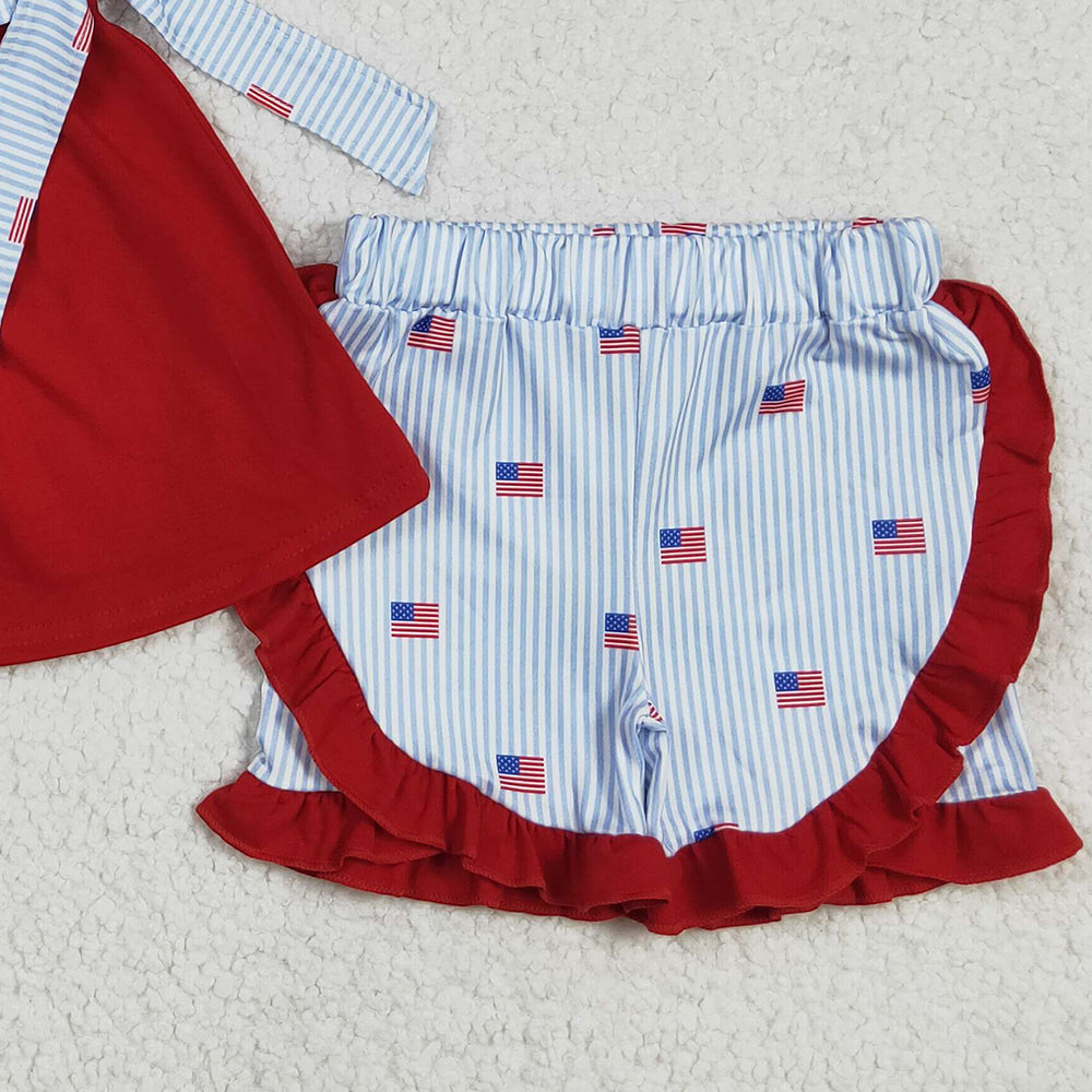 GSSO2375 RTS NO MOQ Baby Girls Summer Outfits  Red flutter sleeves flag tunic shorts girls 4th of july outfits