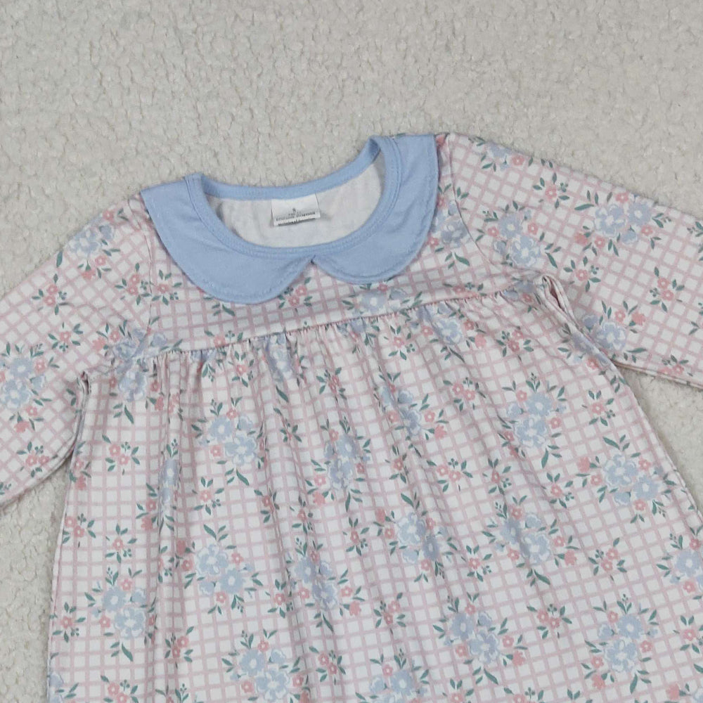 RTS NO MOQ （In stock）GBO0466 Baby Girls Summer Outfits Long Sleeve Bummies Set Pink Plaid Floral Doll Collar Outfit for Kids