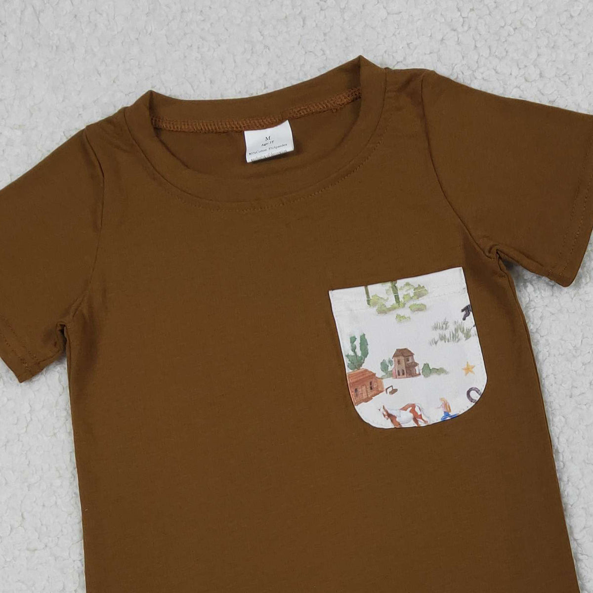3.23 RTS NO MOQ （In stock）BSSO1825 Fashion Clothing For Baby Boys Short Sleeve Brown Shirt Top Horse Rodeos Cactus Pockets Short Clothes Sets