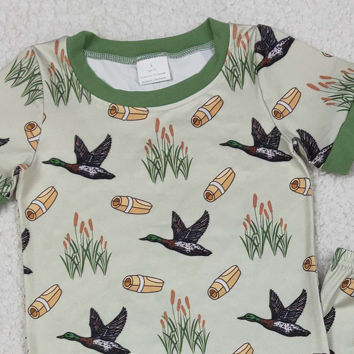 12.5 RTS NO MOQ （In stock）BSPO0635 Baby Boys Green Ducks Calls Top Pants Hunting Pajamas Sets
