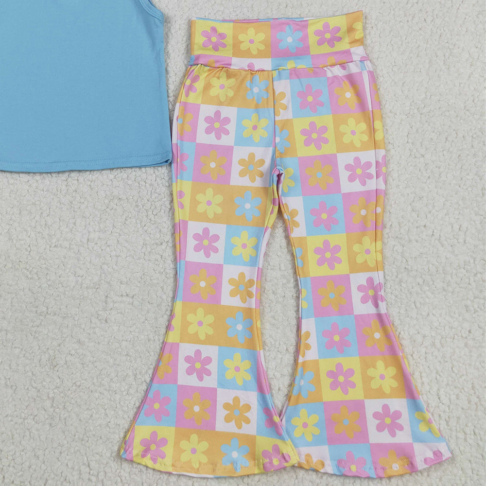 7.02 GSPO2017 RTS NO MOQ Baby Girls Spring Outfits Baby Girls Blue Top Flowers Plaid Bell Bottom Pants Sets