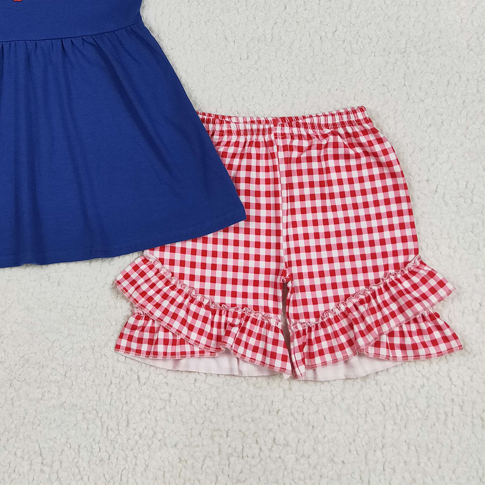 GSSO2314 RTS NO MOQ Baby Girls Summer Outfits Embroidery Baby Girls Red Plaid Flutter Sleeves Apples Tunic Ruffle Short Set