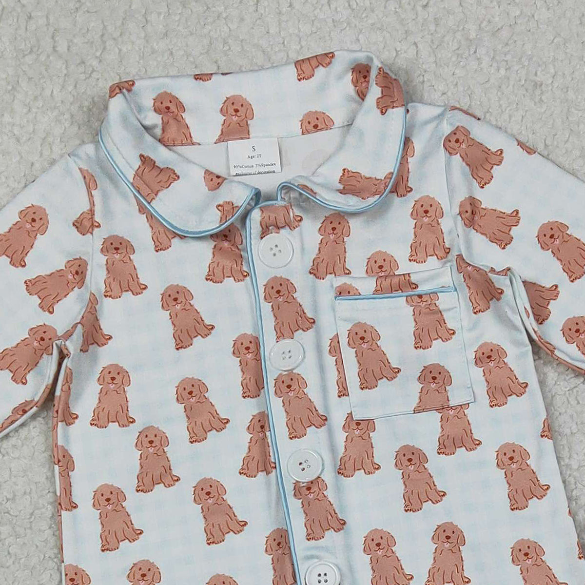 2.3 RTS NO MOQ （In stock）BLP1408 Baby Boys Blue Checked Dogs Button Pocket Top Pant Pajamas Sets