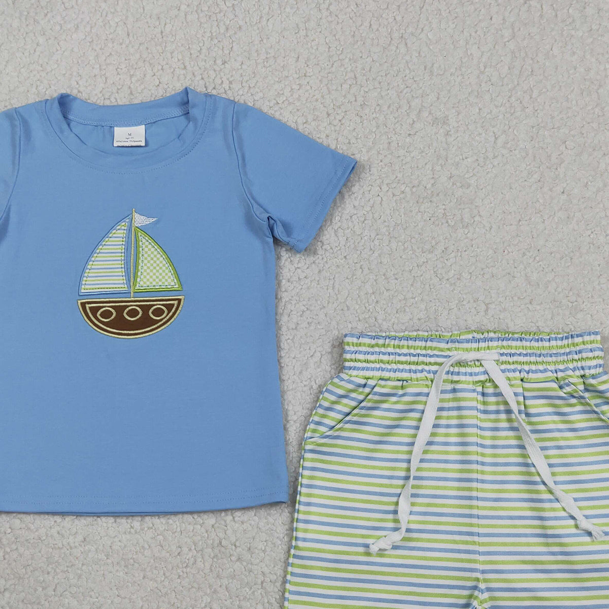 BSSO1860 RTS NO MOQ （In stock ）Short sleeves boat embroidery top stripe shorts boys outfits