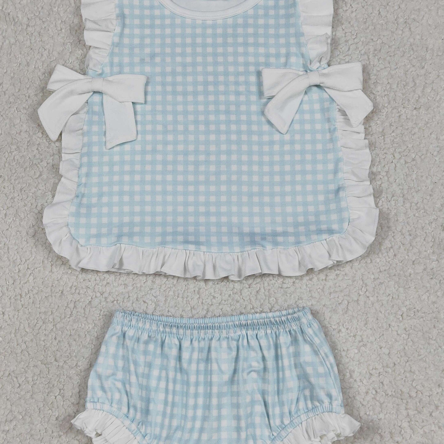 GBO0529 RTS NO MOQ （In stock）Baby Girls Light Blue Checked Bows Tunic Bummies Clothes Sets