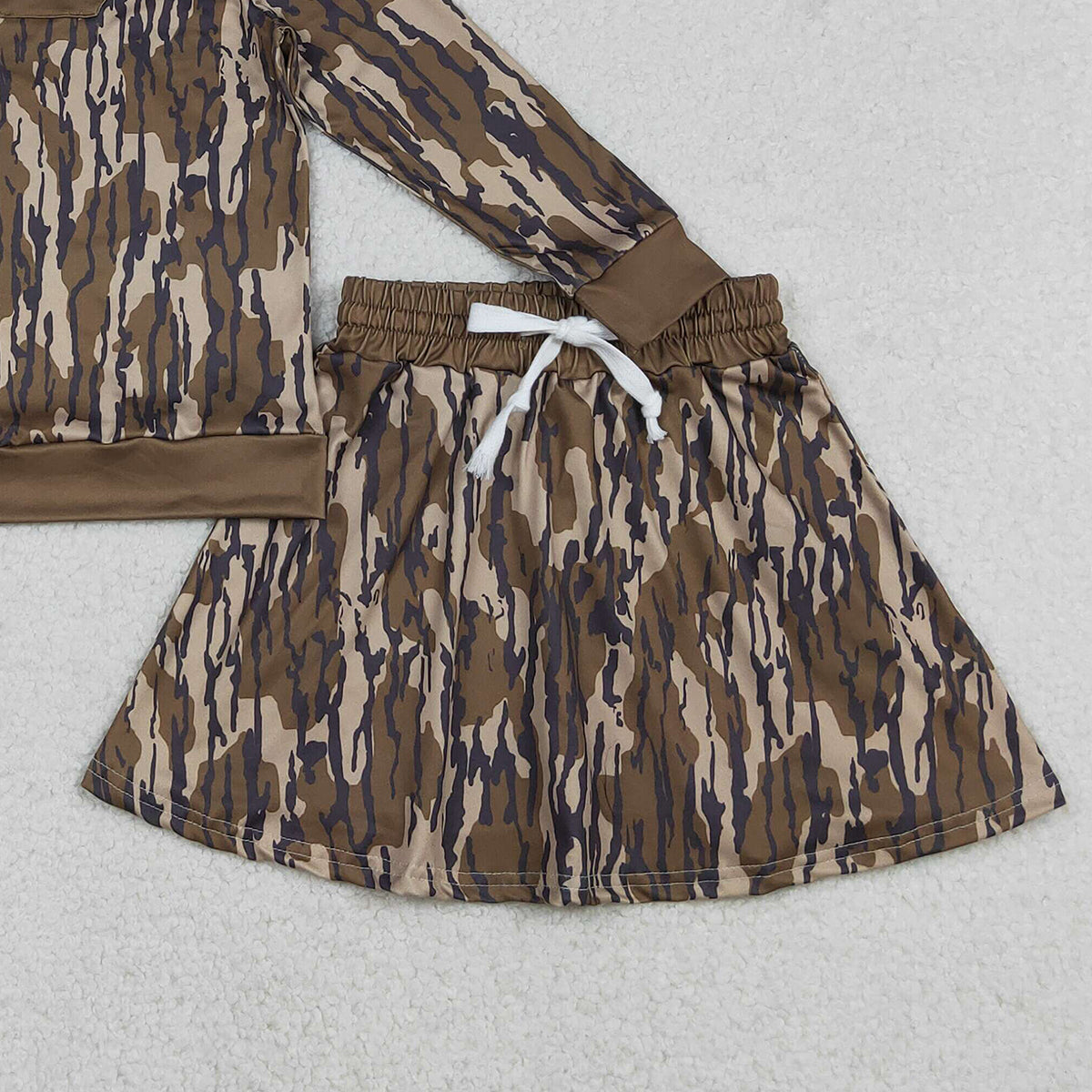 12.26 RTS NO MOQ （In stock）GLD1478 Baby Girls Olive Camo Long Sleeve Top Skirts Shorts Hunting Clothes Sets