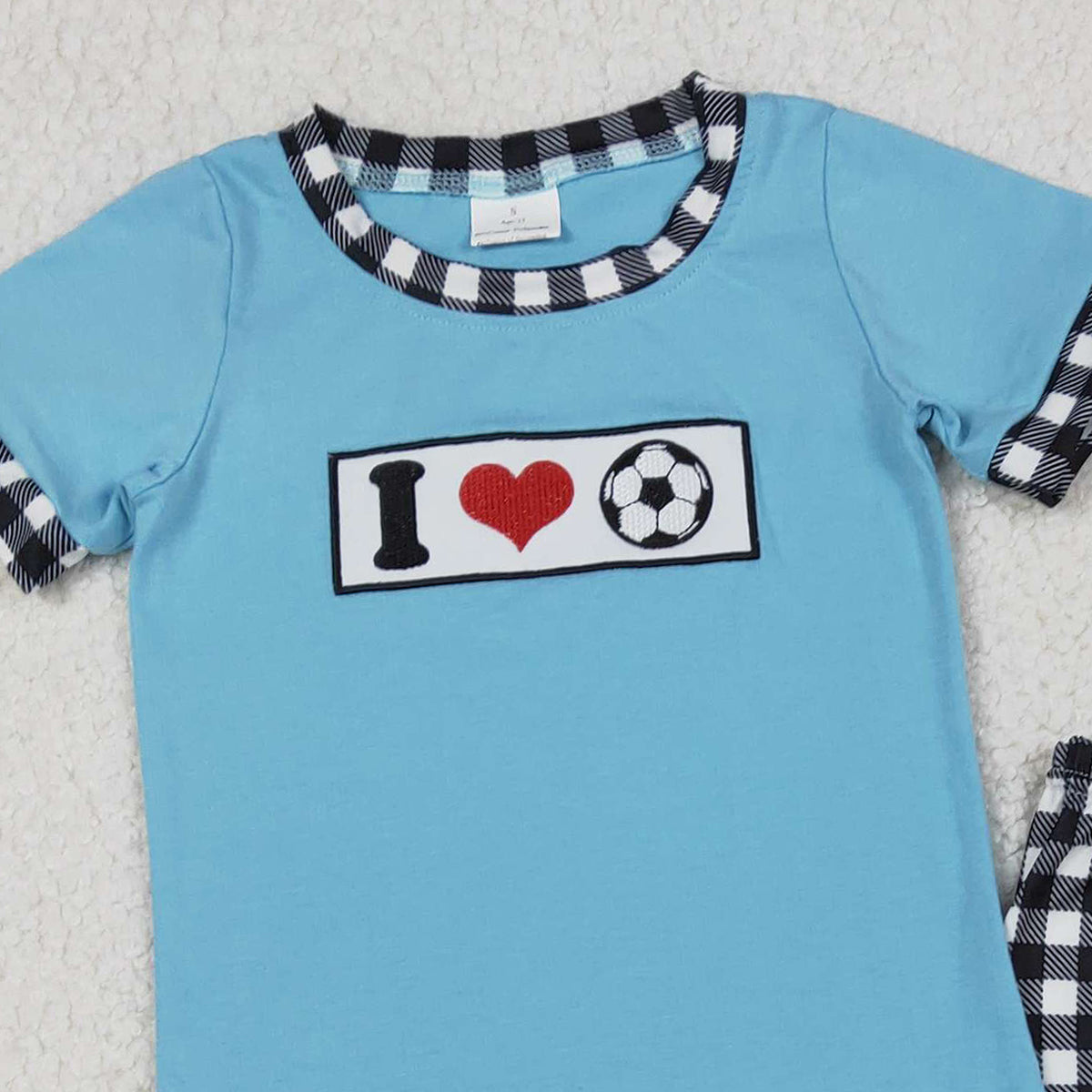 12.11 RTS NO MOQ （In stock）BSPO0622 Embroidery I Love Footballs Baby Boys Checked Pants Team Clothes Sets