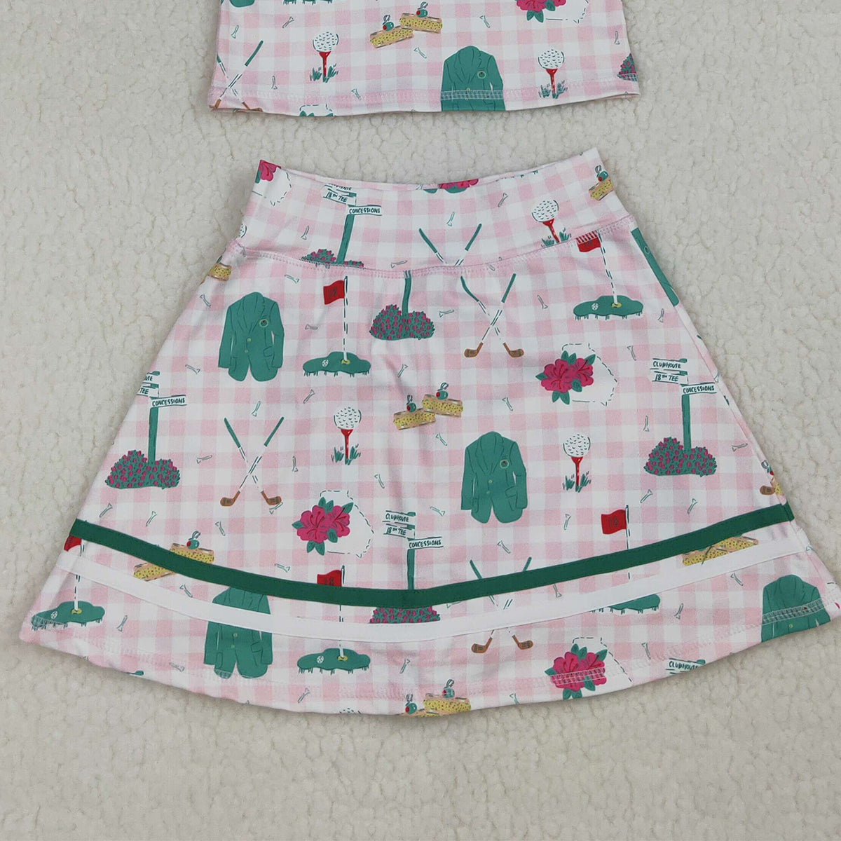 3.21 RTS NO MOQ （In stock）GSD3520 Kids Clothing for Baby Girls Sleeveless Pink Checked Golf Flags Button Top Skirt Short Yoga Active Clothes Sets