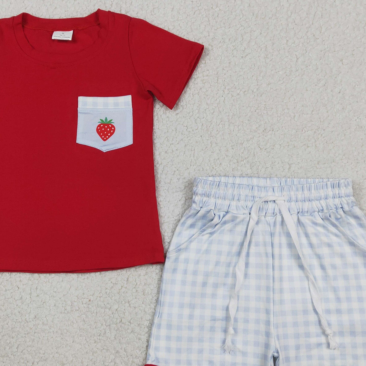 BSSO1692 RTS NO MOQ （In stock ）Short sleeves strawberry pocket top plaid shorts boys outfits